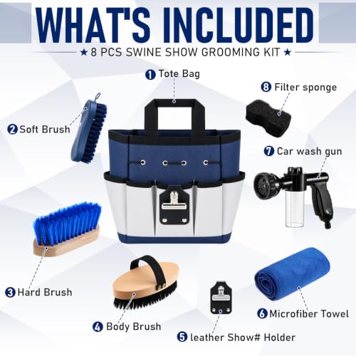 Thenshop Show Pig Supplies Starter Kit 8 Pcs, Swine Grooming Set with Foam Sprayer Pig Brushes 600d Tote Bag Microfiber Towel Leather Number Holder for County Fair Livestock Competition