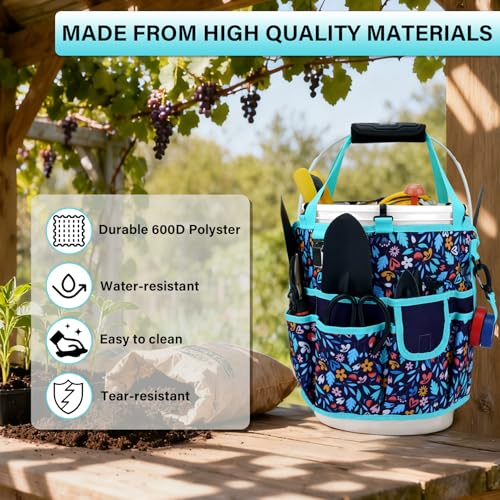 KUNN Bucket Tool Organizer 5 Gallon with Hangable Handle 18-Pocket Detachable Bucket Bag for Tools, Garden Caddy Tote with Pockets, Heavy Duty 600D Polyester Gardening Accessory,Blue - color: Navy Bloom