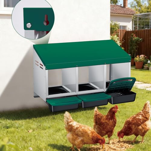PrecisionAuto Chicken Nesting Box, 3 Compartment Automatic Roll Away Egg Collection, Ventilated Galvanized Steel, Wall Mount or Freestanding Hen Coop Accessory, Green - color: Green