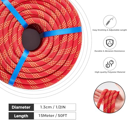 1/2 Inch 50ft Double Braided Polyester Arborist Rope, Heavy Duty Nylon Rope for Anchor, Tree Work, Cargo, Pulling, Sailing(Red) - size: 1/2in x 50ft, style: Red