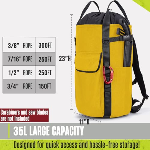 Arborist Rope Bag, 35L Tree Climbing Rope Bag, Arborist Equipment Bucket Backpack, Arborist Gear Carrier Bag with Side Pockets, Tough Rock Climbing Backpack, Rock and Tree Climbing Gear - color: Yellow