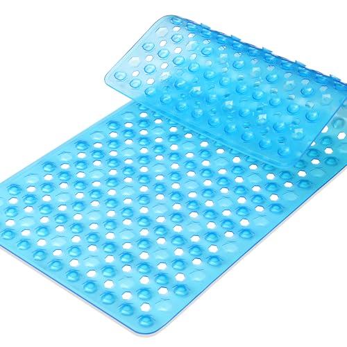 Yimobra Bathtub Mat Non Slip, 27.5"X15.5" Machine Washable Shower Floor Mat, Soft on Feet, Bathmat with Drain Holes and Suction Cups, Bathroom Essentials, Clear Blue - color: Clear Blue, size: 27.5 X 15.5 Inch
