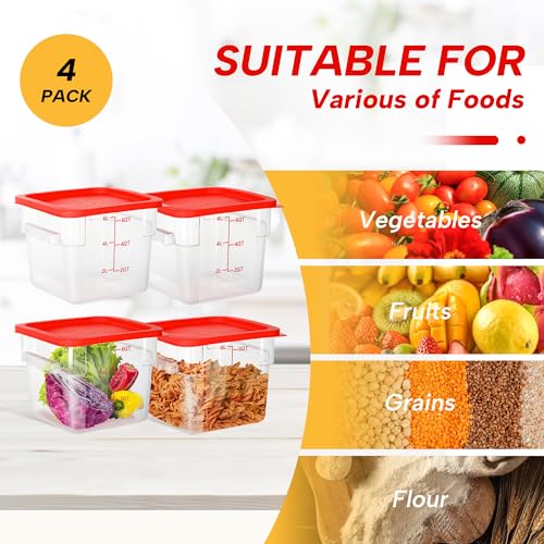 4 Pack 6QT Square Food Storage Containers with Lids | Clear NSF polycarbonate containers with scale, label and measuring cup, stackable for prep, storage, freezer. Dishwasher safe - color: 6Qt