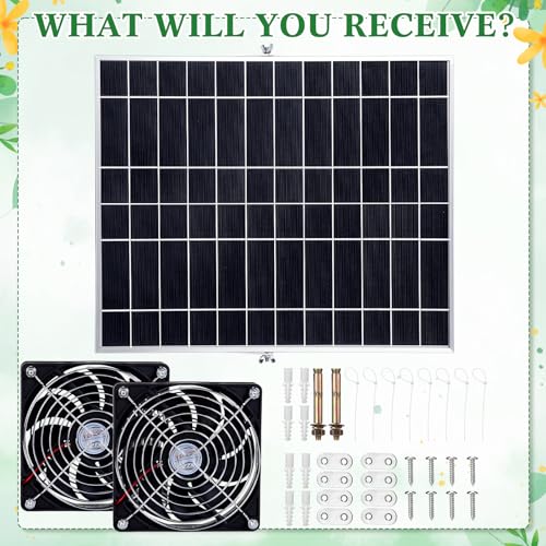 Glooglitter 20w Solar Powered Fan Kit for Chicken Coop IP67 Waterproof Dual Solar Greenhouse Fan 3500 RPM High Speed Exhaust Fan with 10ft Cable for Shed Pet House Window Outside Inside(1 Set)