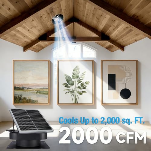 30W Solar Attic Vent Fan 2000CFM High Airflow Brushless DC Motor 60,000Hrs Lifespan with 12inch Blade Alloy Fan, Weatherproof Roof Vent for Home, Garage, Greenhouse, No Remote