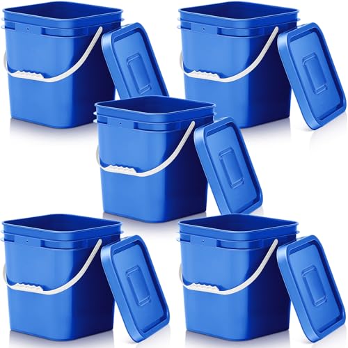 Mumufy 5 Pcs 3.5 Gallon Square Food Grade Bucket with Lid Square Bucket Pail Plastic Handles for Long Term Food Storage, Camping, Fishing, Home Organization Easy Stack and Store (Blue) - color: Blue