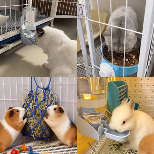 Rabbit Water Bottle Ferret Food Bowl Bunny Water Dispenser Stainless Steel Food Dish Hanging Drinking Fountain Drinker Feeder Crate Bowl Feeder Cup for Guinea Pig Hedgehog Chinchilla - color: Blue