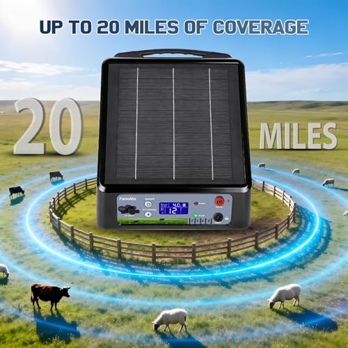 20 Miles Solar Electric Fence Charger Kit, 0.3-2.0J Adjustable, LED | 6KV/8KV/10KV/12KV, 6W 18Ah Rechargeable Solar Panel, 24H Uninterrupted Protection, Day/Night Mode, Portable, IP55 Waterproof - color: Black-Gray