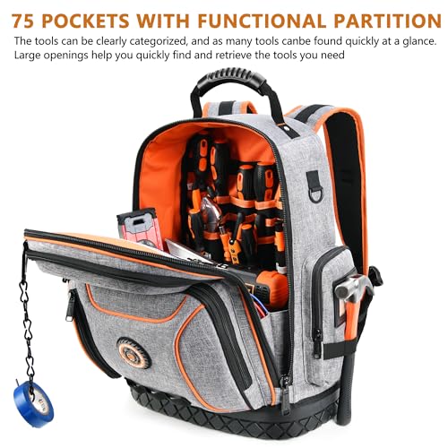 LOKASS 18.1-inch Heavy-Duty Tool Backpack, 75 Pockets, Gray | 110 lbs Load Tested, 1680D Tear-Resistant Fabric, Removable Tool Panel, Combination Lock, Electricians, HVAC Pros - color: Grey