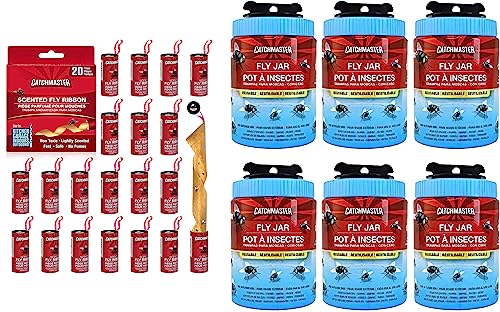 Catchmaster Fly Trap Bundle, Fly Ribbon 20-Pack & Outdoor Fly Jar 6-Pack, for Garage, Backyard, Pool, Patio & Camping