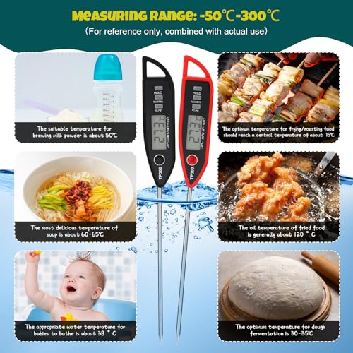 6 Set Digital Food Thermometer Long Probe Instant,Black, Red | Waterproof for Water Liquid Candle, Instant Temperature Read for Kitchen BBQ Grill Candy Meat, Foldable Probe Thermometer - color: Black,Red