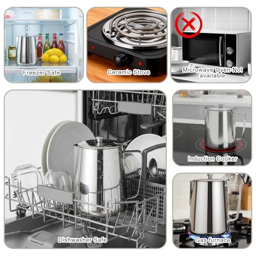 67 oz 304 Stainless Steel Pitcher with Lid, 2 L Large Mouth Graduated Beakers, Large Metal Measuring Cup with Handle, Milk Frothing Jug for Latte Art, Espresso Machines, Iced Tea - size: 67 Ounces