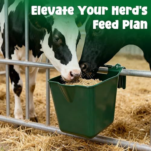Horse Feed Bucket, 15 Quart Plastic Stall Hook Over, Green 4-Pack | Sturdy Hooks Secure to Gates or Fences, Versatile Bucket Suits Goats, Sheep, Livestock in Farms, Workshops, Yards