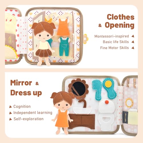 Montessori Busy Book for Toddlers 1-3, Felt Quiet Book & Busy Board for Preschool Learning, Fine Motor Skills, Sensory Play, Educational Travel Toy & Gift – Pretend Play for Girls, Brown - style: Girl Daily-10 Pages