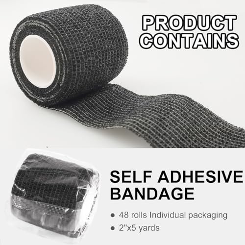 48 Pack Self Adhesive Bandage Wrap, 2” x 5 Yards Cohesive Medical Tape Elastic Grip Tape Black Sports Tape Athletic for Ankle, Wrist Sprains, Pet First Aid (Black) - color: Black