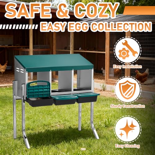 Outvita Chicken Nesting Boxes, 3 Compartments Metal Nesting Boxes for Chickens with Metal Legs, Wall/Floor Mount for Laying Eggs with Swing Perch and Roll Away Egg Collection for Chicken Coop, Green