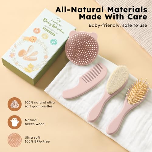 Yoofoss 4 Piece Baby Hair Brush and Comb Set，Wooden Baby Hair Brush with Natural Ultra Soft Goat Hair, Baby Comb Set for Boy, Girl - Pink - color: Pink
