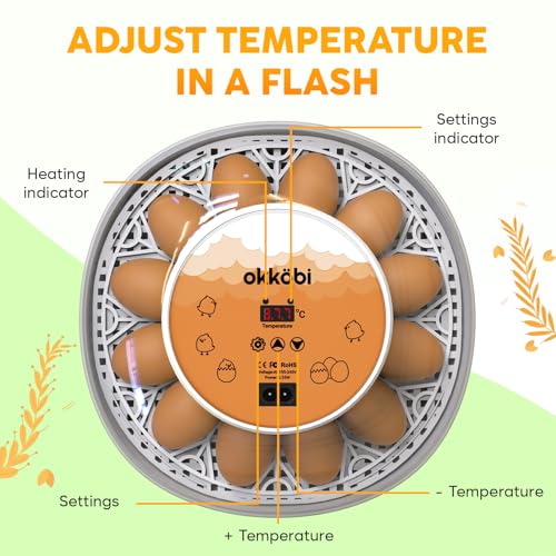 Okkobi M12 Egg Incubator with Automatic Turner and Humidity Control - 12/24 Eggs, 360° View, Easy to Use and Clean - Incubadora de Huevos de Gallina - Made for US - White & Orange - color: Orange