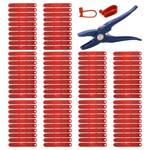 100PCS Livestock Ear Tags Sheep Goat 001-100 Numbered with Applicator Kit | with Punch Plier Tool, Laser Printed Plastic Tags for Goats Sheep Pigs Farm Herd Management Identification (Red) - color: Red