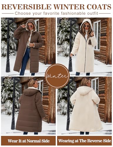 Yusongirl Women's Reversible Long Winter Puffer Coat with Hood and Fleece | Two wearable sides for winter commutes, school runs and city errands, with quilted warmth, soft fleece, a hood and pockets - color: Coffee, size: X-Large