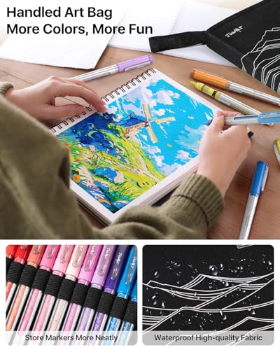 JusArt 36 Colors Acrylic Paint Markers Brush Tip, Automatic Ink Control | Water-Based Paint Pens with Canvas Bag, Waterproof Markers DIY Art & Crafts -Fabric, Rock, Wood, Glass, School Classroom Use - color: 36 Colors
