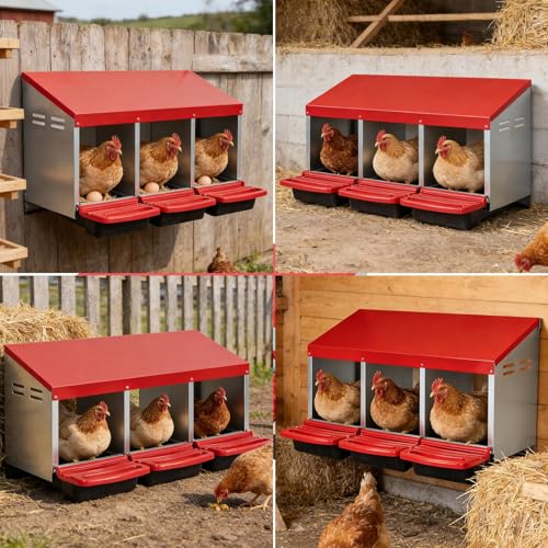 Chicken Nesting Boxes for Chickens Laying Eggs, 3 Hole Roll Away Egg Collection Box for Chicken Coop, Wall Mount Metal Nesting Box, Easy Egg Collectio