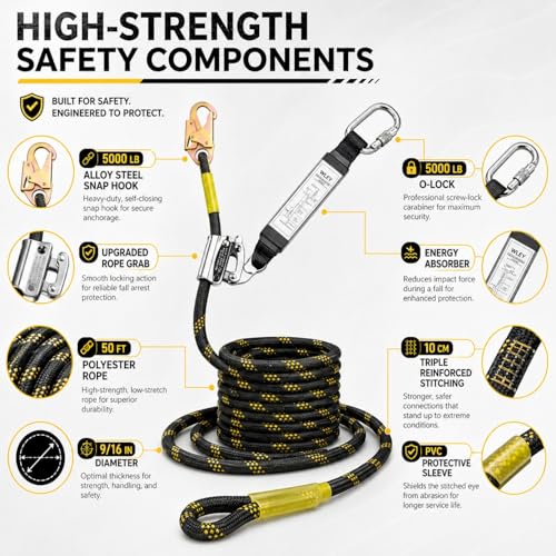 50FT Vertical Lifeline Assembly, Safety Rope,Fall Protection Rope cuerda, Safety Rope for Roofing,Polyester Roofing Rope with Hooks, Rope Grab, Roof Anchor and Knee Pads; ANSI Compliant