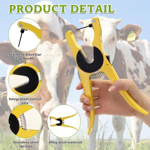 Cattle Ear Tags Pliers,Aluminum Alloy Livestock Applicator Tool | Z Ear Tagger Clamp for Cow Pig Sheep Goat Horse ,Labor-Saving Spring Snap-Lock with Stainless Steel Needle for Easy Load - color: Yellow
