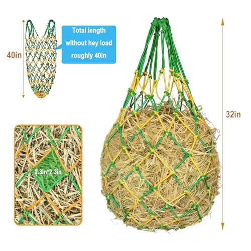 2PCS Slow Feed Hay Net for Horses, Heavy Duty Nylon Hanging Hay Bags, 40Inch Length with 2.36Inch Anti-Waste Hay Feeder for Goats Horses, Yellow Green