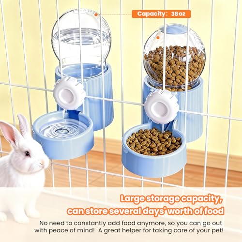 38oz Rabbit Water Dispenser and Feeder Set (Blue) | Large Hanging Automatic Food Water Dispenser, for Bunny Guinea Pig Chinchilla Ferret Cage Accessories - color: Blue