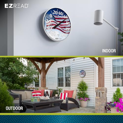 EZREAD Hanging Dial Thermometer 840-1221 Weather Thermometers for Indoor and Outdoor Use, Large 12.5 Inch Diameter, Easy to Read Numbers, American Flag - color: Flag