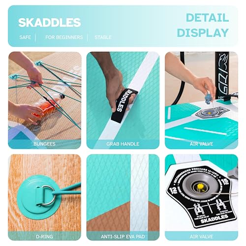 10’6’’ Inflatable Stand Up Paddle Board (SUP) for Adults and Youth with Non-Slip Deck – Complete Accessories Kit, for Fishing, Yoga, Fitness & Family Fun - color: mint green wood grain