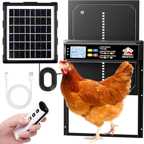 Automatic Chicken Coop Door Solar Powered with Timer, Light Sensor, Remote Control, LCD Display, Aluminum Alloy 4 Auto Modes Wide Size Chicken House Door, Anti-Pinch, Weatherproof, USB Backup, Black - color: Upgraded Black