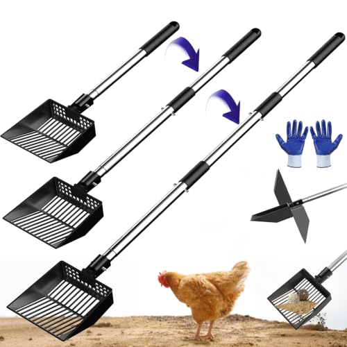 5.1in Width Small Metal Chicken Poop Scooper Litter Cleaning Shovel | Angle Adjustable / Metal made / No Back Bend over / Long Handle Adjust 19.7"-41.3" / Dog Cat Pet Goat Pen Garden Horse Barn