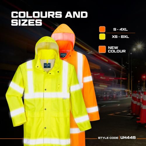 Portwest UH445 Men's Classic Raincoat Waterproof Hi Vis Reflective Long Rain Jacket ANSI Class 3 Yellow | Yellow, X Large, ANSI/ISEA 107 Class 3, Regular Fit, 100% Polyester, Inner Elasticated Cuff, 2 Side Zipper Pockets, Zip Front - color: Yellow, size:
