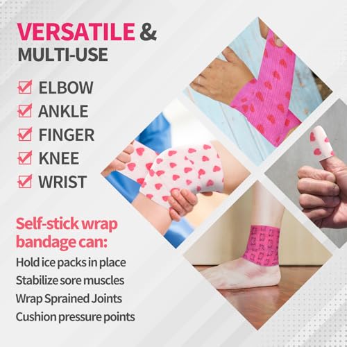 6 Roll 2 Inch x 5 Yards Heart and Cat Print Pet Vet Wrap for Dogs Cats, Cohesive Bandages in Bulk, Pink Non-Woven Self Adhesive Bandages Wrap Roll for Pet Animals Wound Care, Ankle Sprain and Swelling