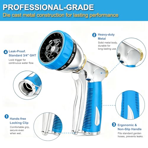 FANHAO Metal Garden Hose Nozzle Heavy Duty, 8 Spray Patterns, High Pressure | Comfortable Non-Slip Handle, Hands-Free Lock, Rustproof Leak Proof Water Hose Sprayer for Watering Plant, Car & Pet Washing - color: Blue