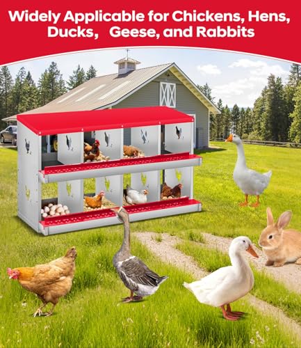 8 Compartment Chicken Nesting Box, Heavy Duty Metal Laying Box with Perch, Easy Assembly & Easy Clean for Outdoor Chicken Coop, Red - color: Red, size: 8 Compartment