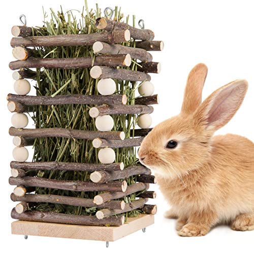 Hanging Apple Wood Rabbit Hay Feeder for Chinchilla Bunny Hamster Gerbil | Guinea Pig Grass Holder with 2 Hooks, Biting Resistant Small Animals Chew Toy, Feeding Hay Manager Shelf for Holiday Gifts