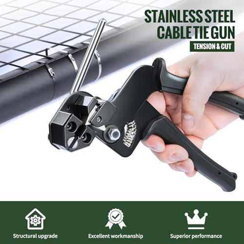 Stainless Steel Zip Tie Gun Kit with Industrial Scissors - Heavy Duty Metal Zip Ties Tensioner & Cutter Tool for Electrical, Used to Repair Outdoor Fences, Pipes, Chain Links, Garden Farm