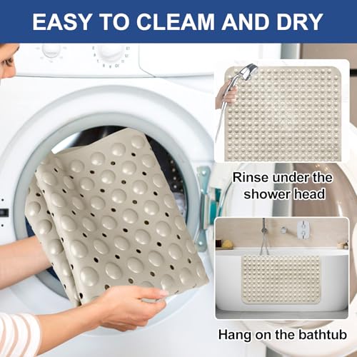Shower Mat Non Slip: 34" x 23" Large Shower Mats for Inside Shower - Soft TPE Cuttable Anti Slip Shower Stall Mat with Drain Holes and Suction Cups - color: Khaki, size: 34" x 23" (Rectangular)