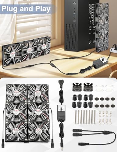 Wathai 120mm x 6 Small Box Computer Fan with AC 110V 240V Speed Controller | Dual Ball with Variable Speed Controller for Server Rack, Greenhouse, Basement, Window Exhaust Cooling Ventilation - style: 6x120mm fan