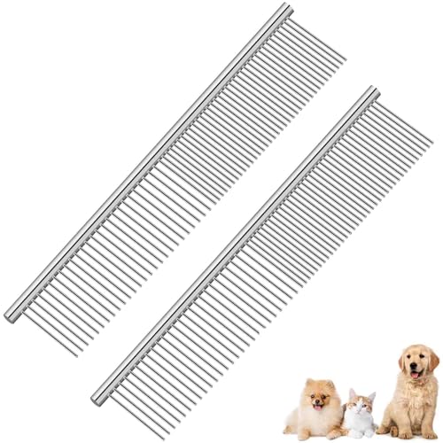 2 Pack Dog Grooming Comb Pet, Stainless Steel Cat Combs with Rounded Teeth, Professional Metal Tear Stain Remover, Dematting Tool for Small, Medium & Large Pets-7.5in - size: 2 Pack