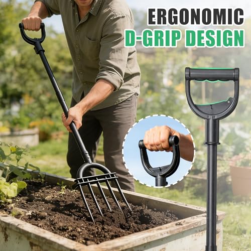 LLARGUEST Pitch Fork, 69" Heavy Duty Metal Garden Fork for Loosening Soil Broadfork with Ergonomic D-Grip Handle, 5-Tine Digging Fork Hay Fork for Compost,Mulching,Manure.