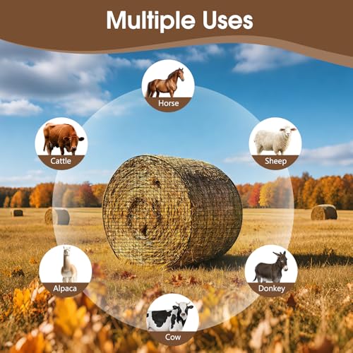 4x4 Ft Round Bale Hay Nets for Horses, Heavy Duty Slow Feed Hay Net | 1.5" Holes Large Nylon Hay Net Slow Feeder Nets with Net Repair Tool, UV Resistant Horse Hay Net for Horse Cattle Cow Sheep