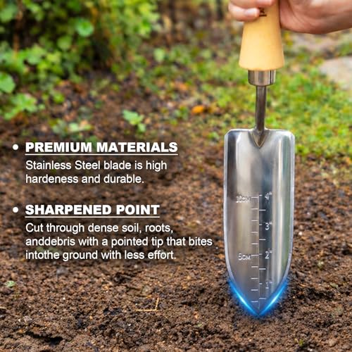 Berry&Bird Measuring Transplanting Trowel, 13.78" Stainless Steel Garden Shovel with Wood Handle - color: Measuring Transplanting Trowel, size: Small