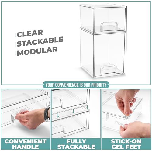 Sorbus Clear Stackable Storage Drawers (2 Pack, 7.6'' and 4.4'' Tall) | Acrylic containers with pull-out bins keep cosmetics, brushes and daily items sorted on bathroom counters or in cabinets. - size: 2 Pack, 7.6’’ and 4.4’’ Tall
