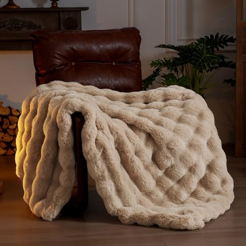 BENVWE Faux Fur Throw Blanket for Couch - Thickened Fluffy Soft Bubble Blanket for Living Room Home Decor - Fathers Day Birthday Gifts for Women Men, Beige, 50" x 60", 1300GSM - color: Beige, size: Throw(50" x 60")