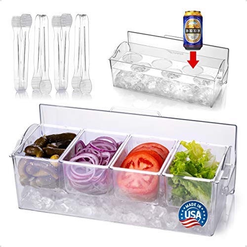 Pikanty Chilled Condiment Server Caddy with Ice Base - 4 Compartments and 4 Serving Tongs Included, Mimosa Bar, Taco Bar, Garnish Tray for Parties, Weddings, BBQs, Dishwasher Safe, Made in USA - style: Condiment Server Caddy on Ice