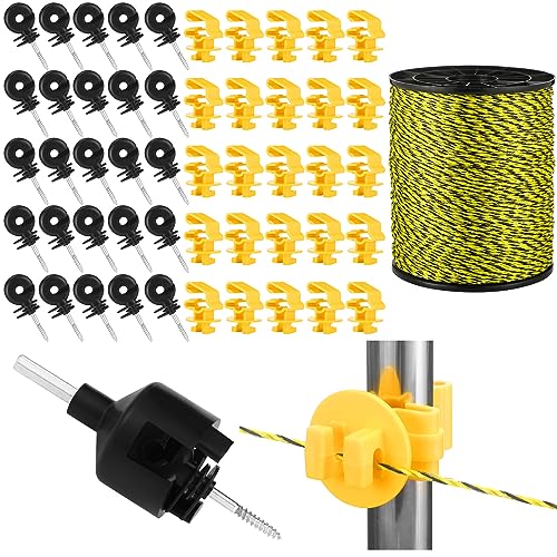 Kanayu 52 Pcs Electric Fence Kit Include 1640 ft Poly Wire 25 Black Fence Ring Insulators 25 Yellow T Post Insulators Socket Tool for Pet Animal Horse Cattle Livestock Pasture - size: 1640 ft
